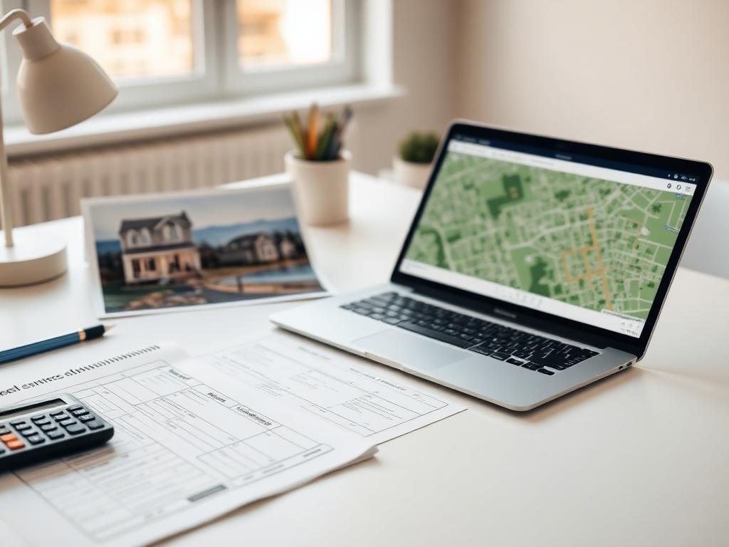 Desk with property documents, calculator, and laptop showing a neighborhood map