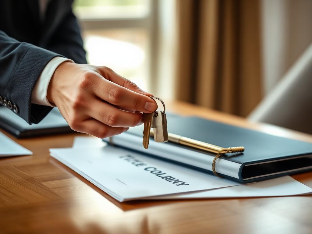 Hands exchanging house keys at a closing table with title documents