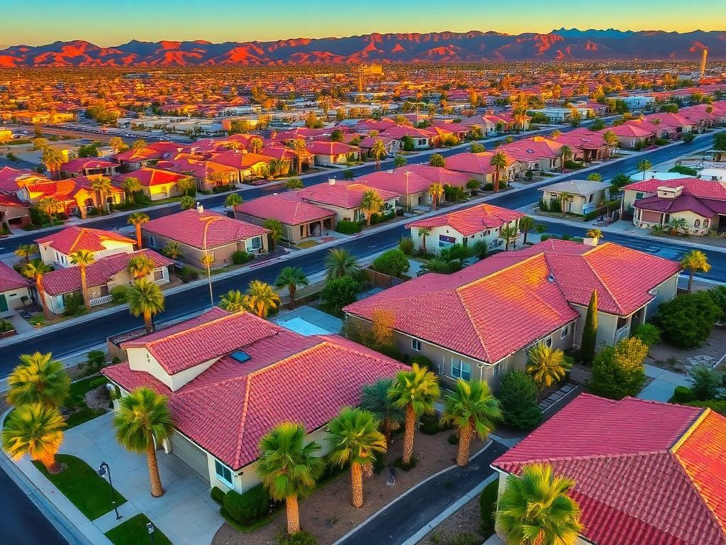 Aerial view of a Las Vegas residential neighborhood at golden hour