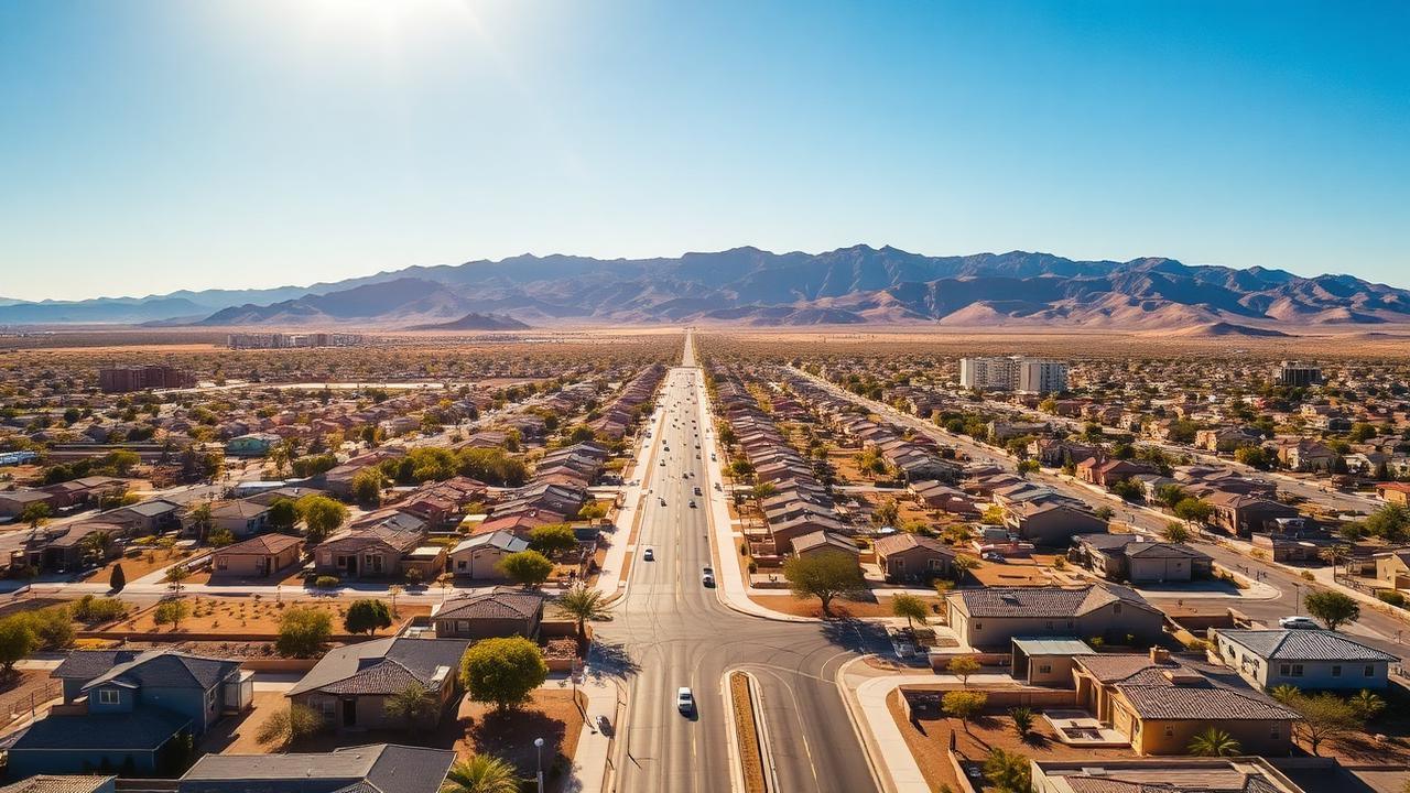 Aerial view of North Las Vegas suburban streets with mountain backdrop